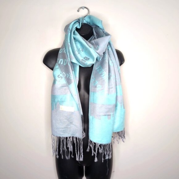 Pashmina Silk Graphic Two Tone Boho Gypsy Folk Art Light Blue Grey Fringe Scarf - Picture 1 of 6